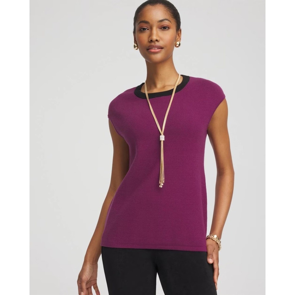 Chicos Womens Contrast Knit Sleeveless Sweater Size XXL Purple Black Trim Travel